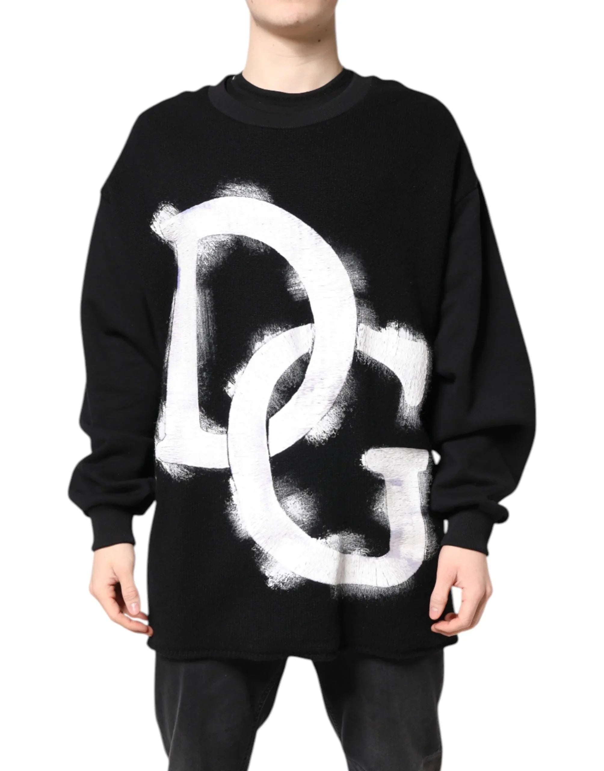 Dolce & Gabbana Black Cotton Logo Print Men Pullover Sweater - Zeiniez