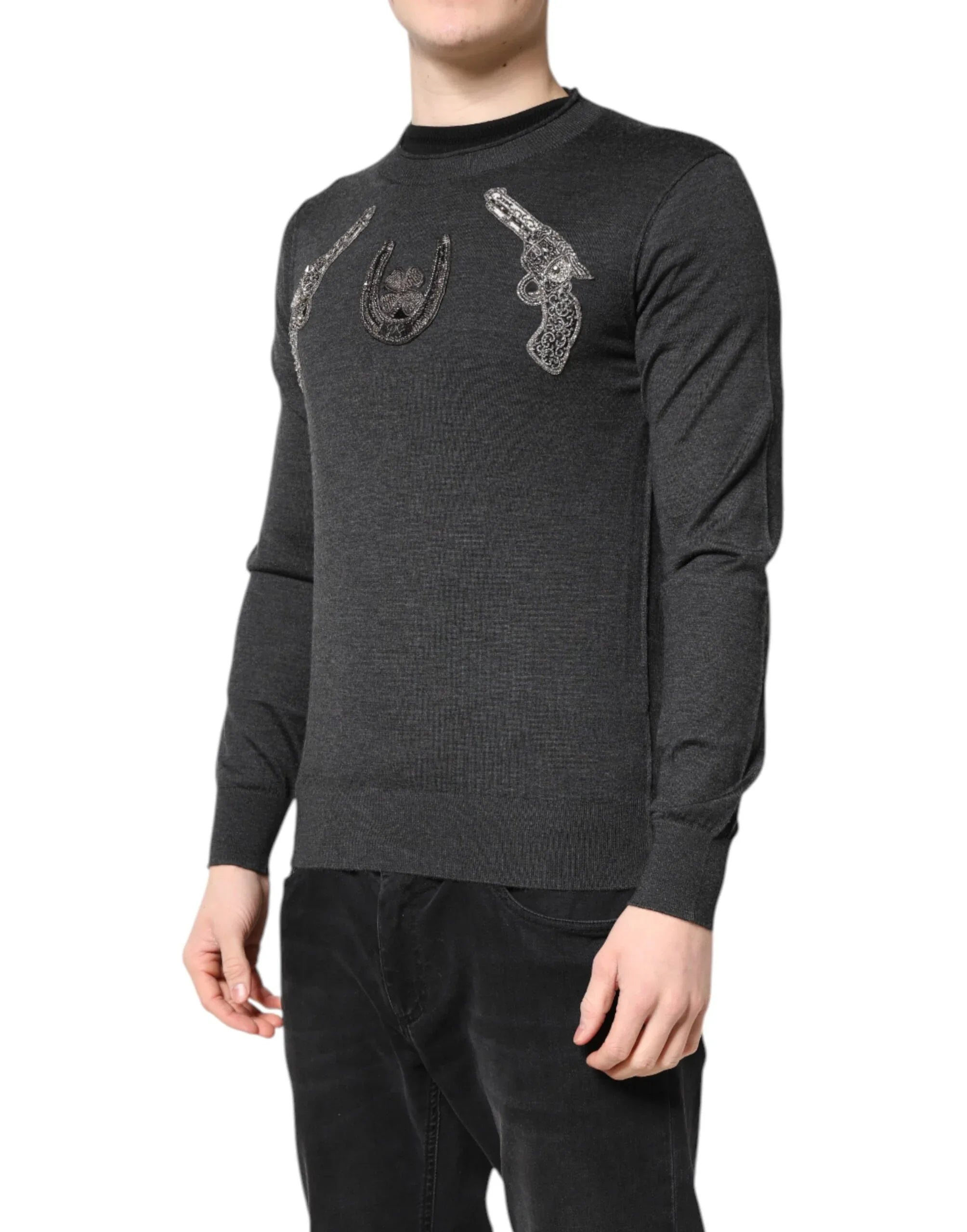 Dolce & Gabbana Gray Embroidery Knit Men Pullover Sweater - Zeiniez