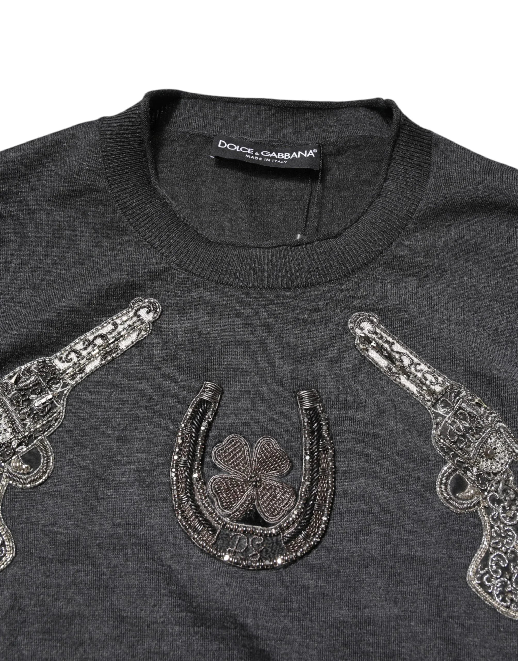 Dolce & Gabbana Gray Embroidery Knit Men Pullover Sweater - Zeiniez