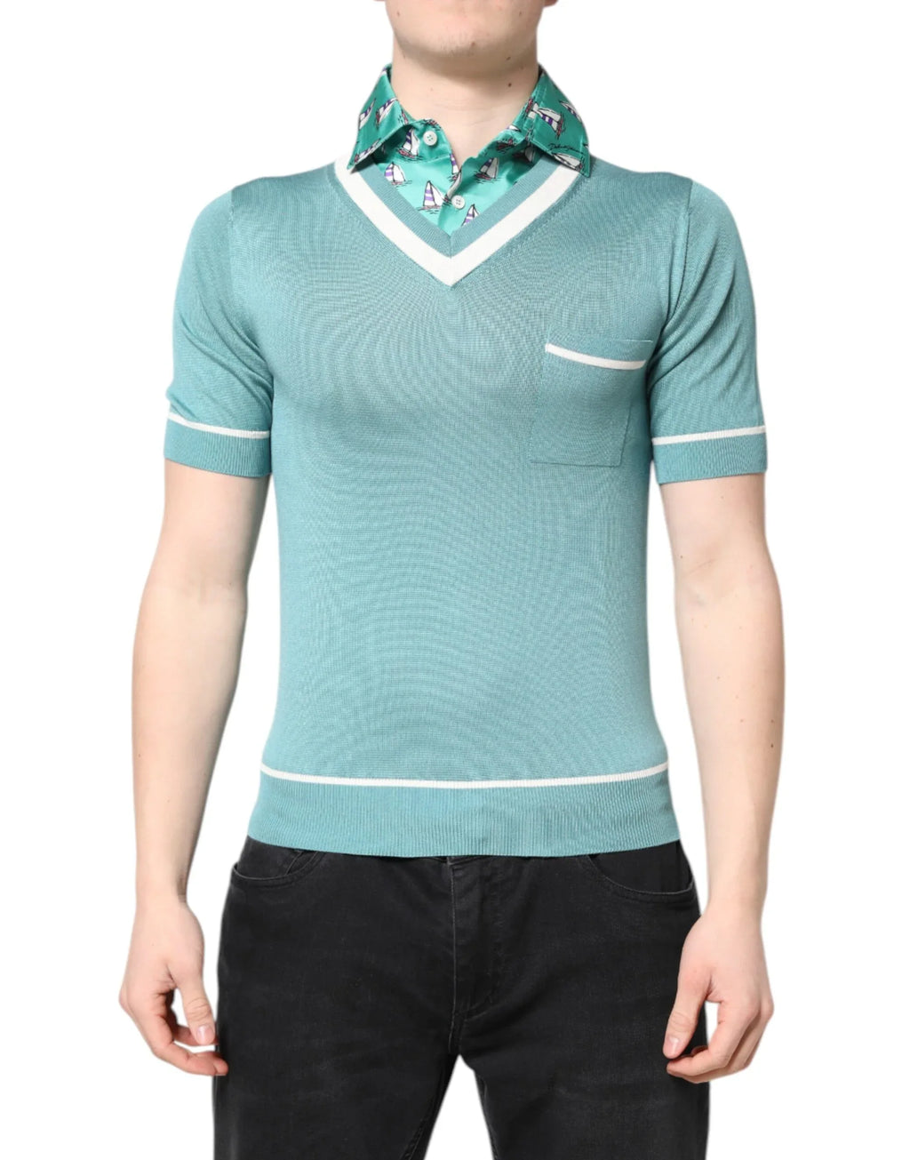 Dolce & Gabbana Green Printed Collared Short Sleeve T-shirt - Zeiniez