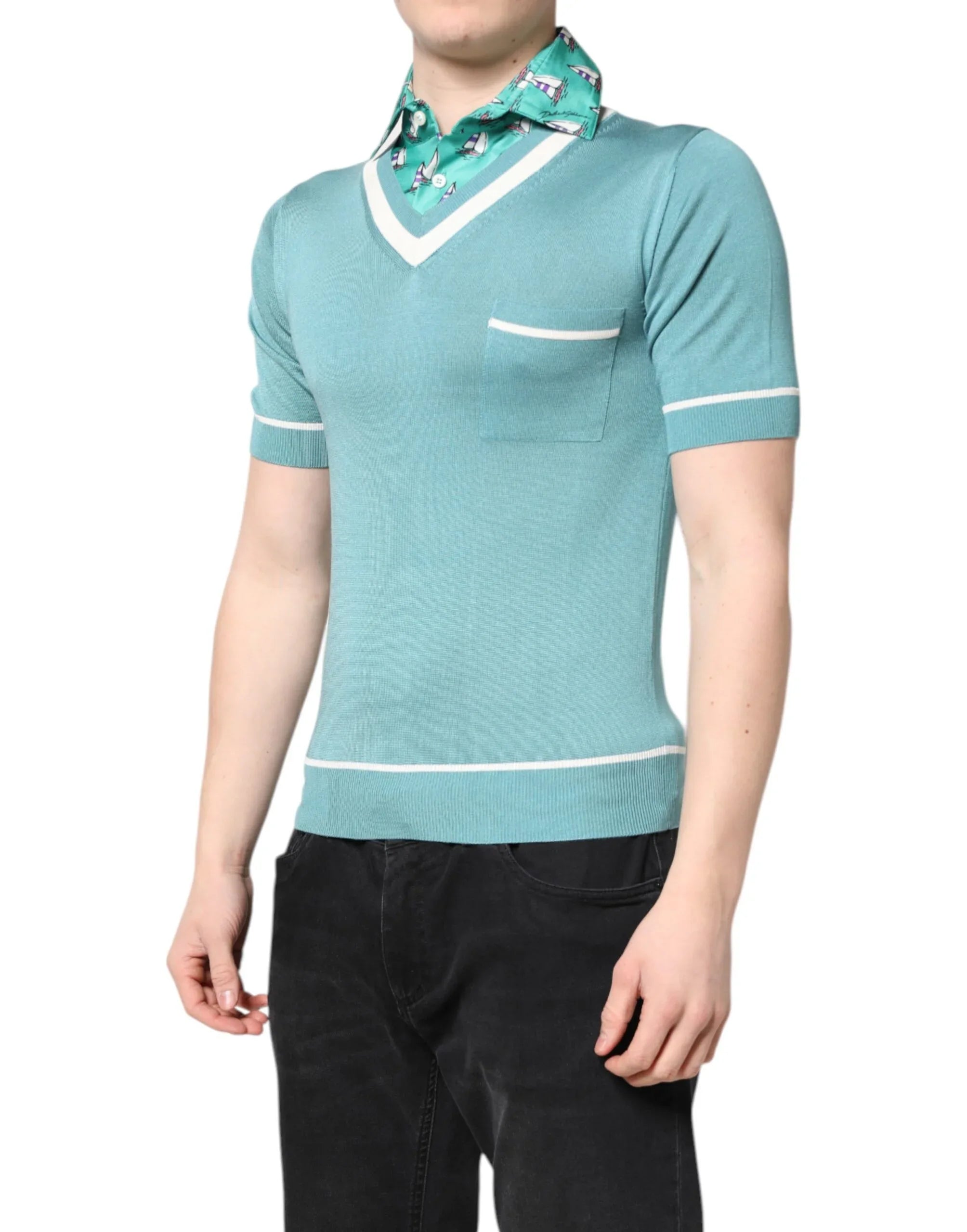 Dolce & Gabbana Green Printed Collared Short Sleeve T-shirt - Zeiniez