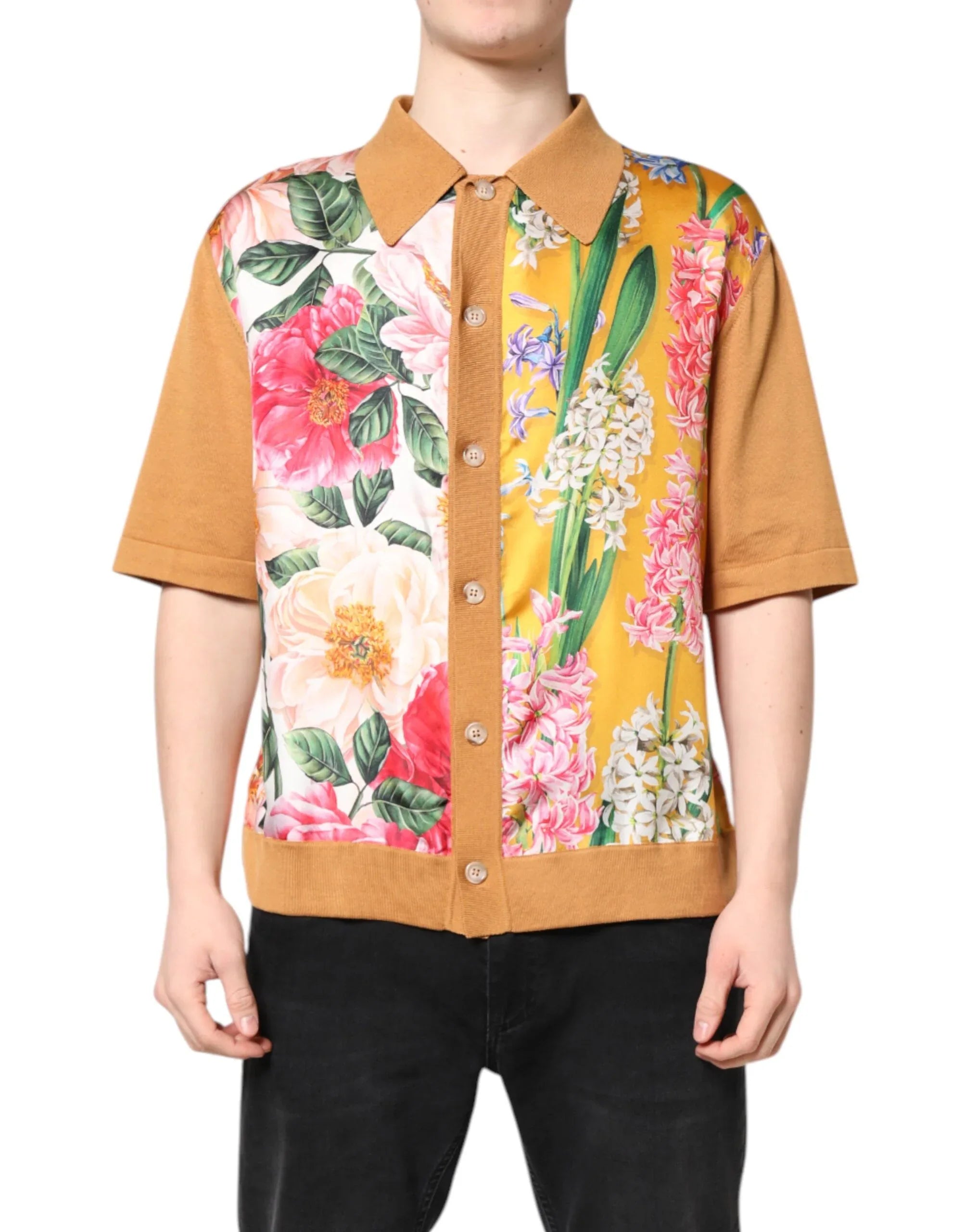 Dolce & Gabbana Brown Floral Collared Short Sleeve T-shirt - Zeiniez