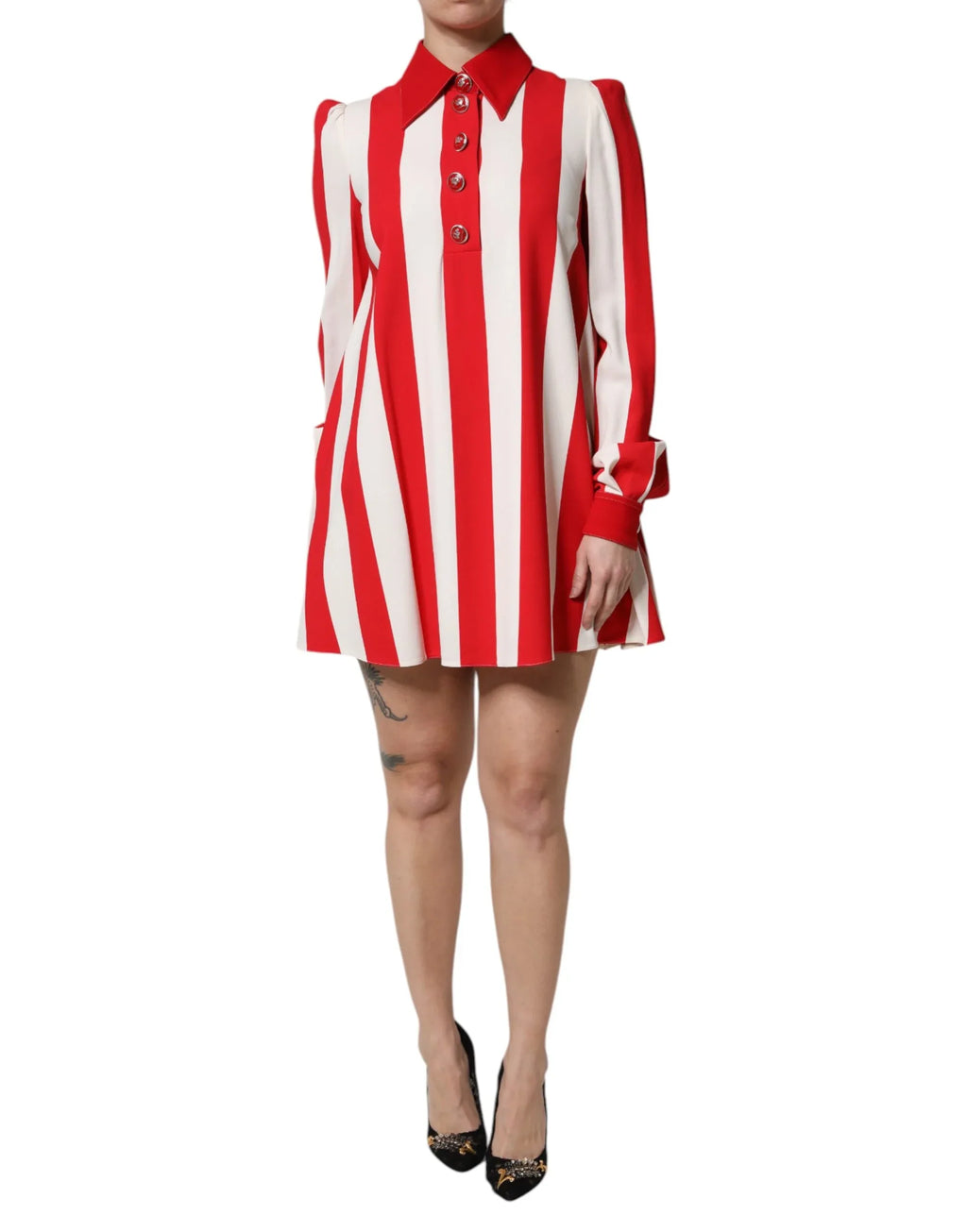 Dolce & Gabbana White Red Stripes Long Sleeves Mini Dress - Zeiniez