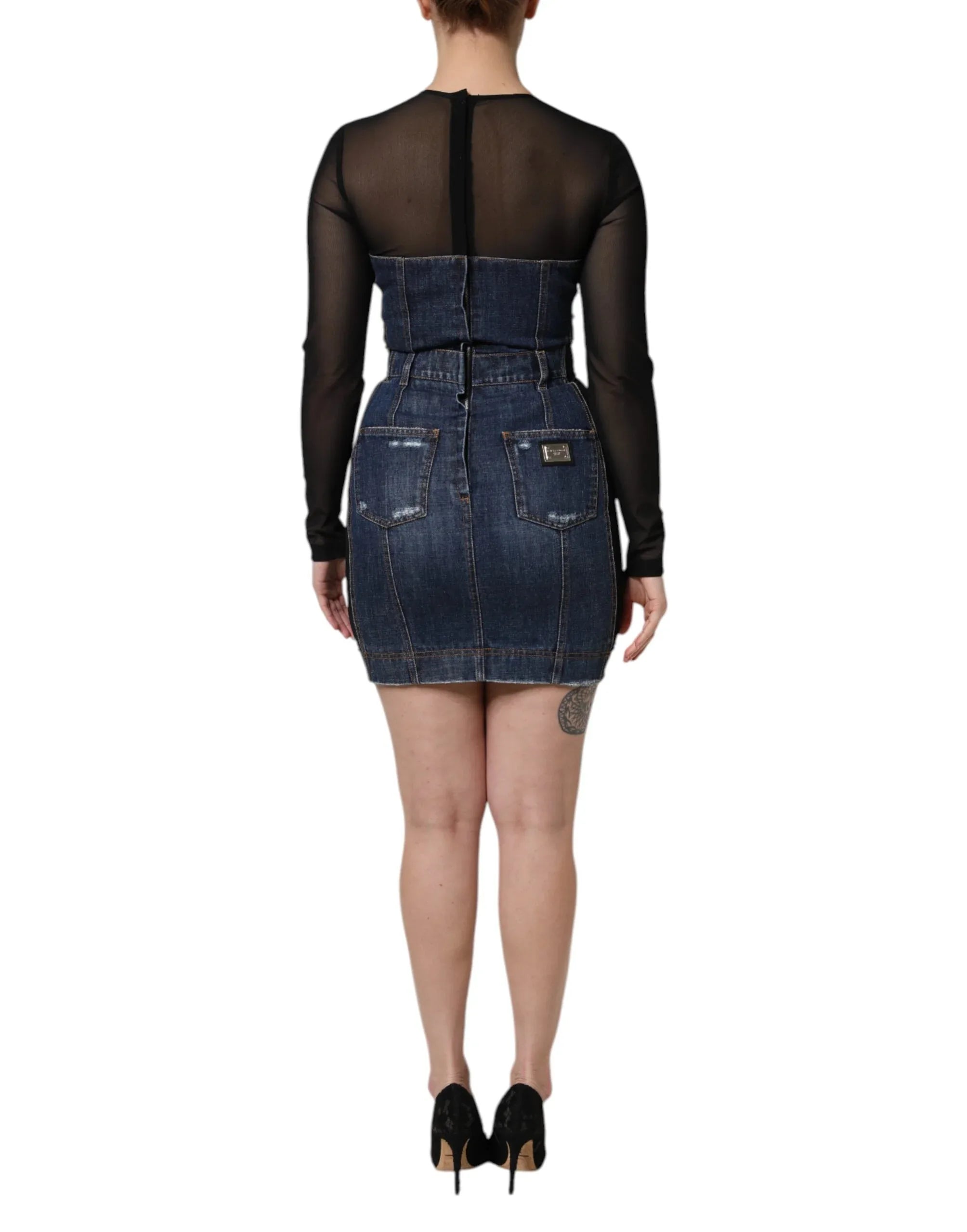 Dolce & Gabbana Black Blue Long Sleeves Denim Mini Dress - Zeiniez