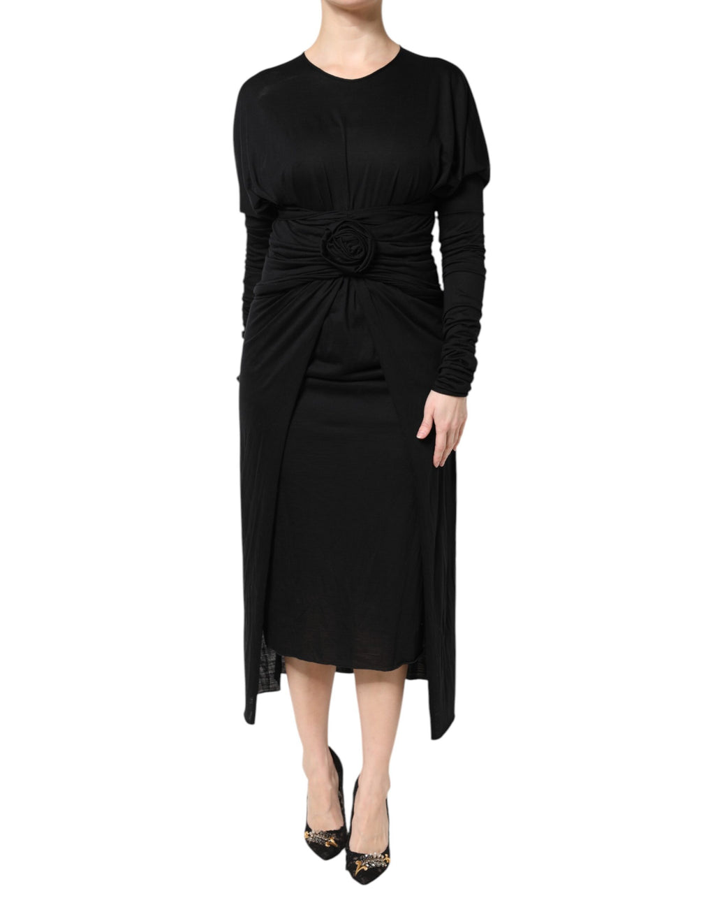 Dolce & Gabbana Black Wool Long Sleeves Sheath Midi Dress