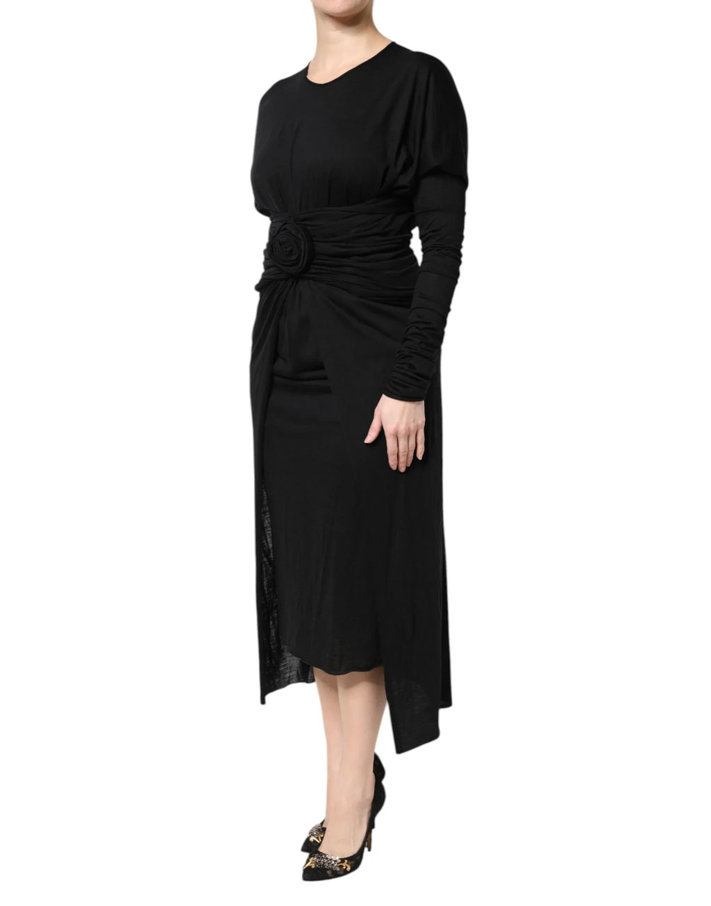 Dolce & Gabbana Black Wool Long Sleeves Sheath Midi Dress - Zeiniez