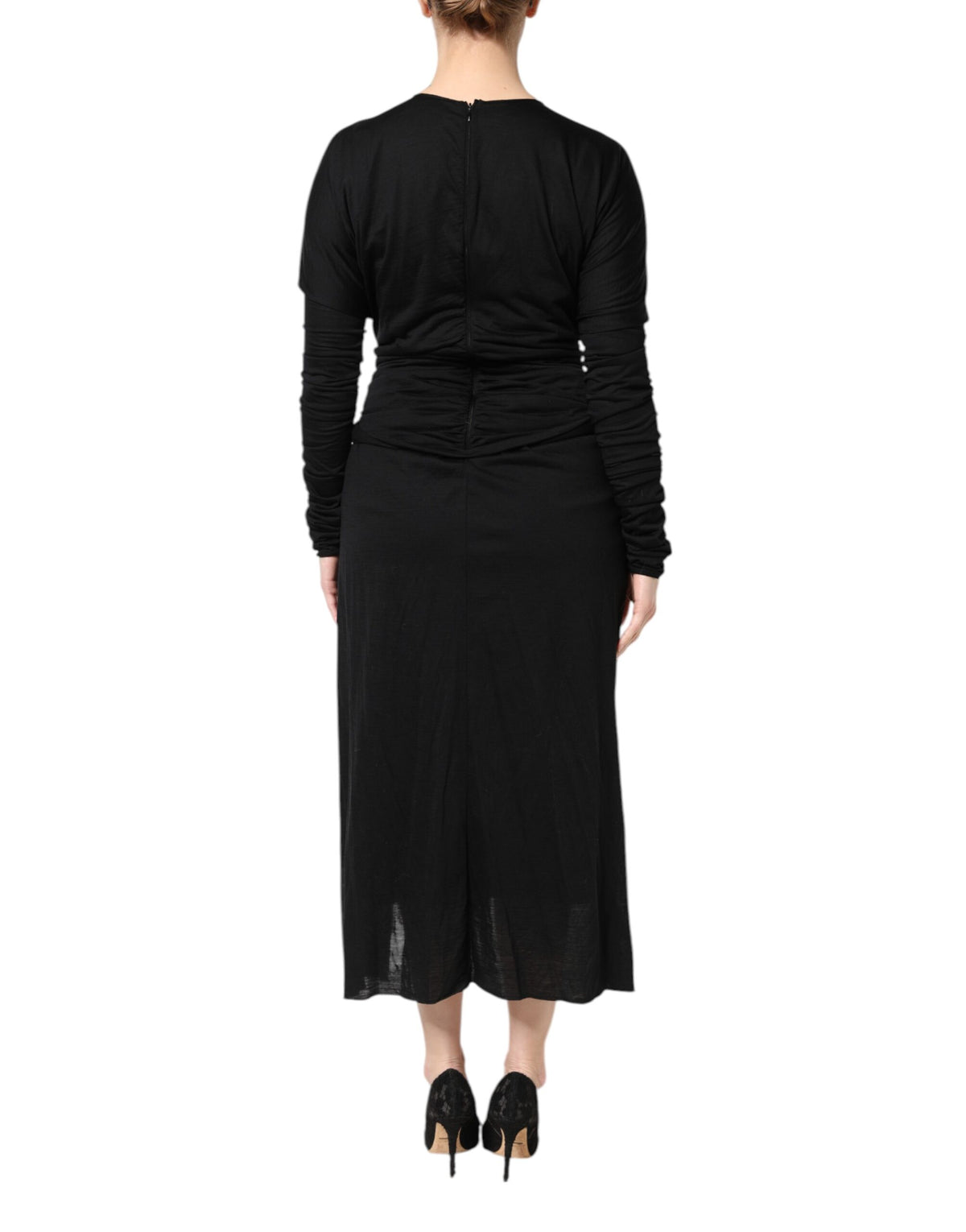 Dolce & Gabbana Black Wool Long Sleeves Sheath Midi Dress