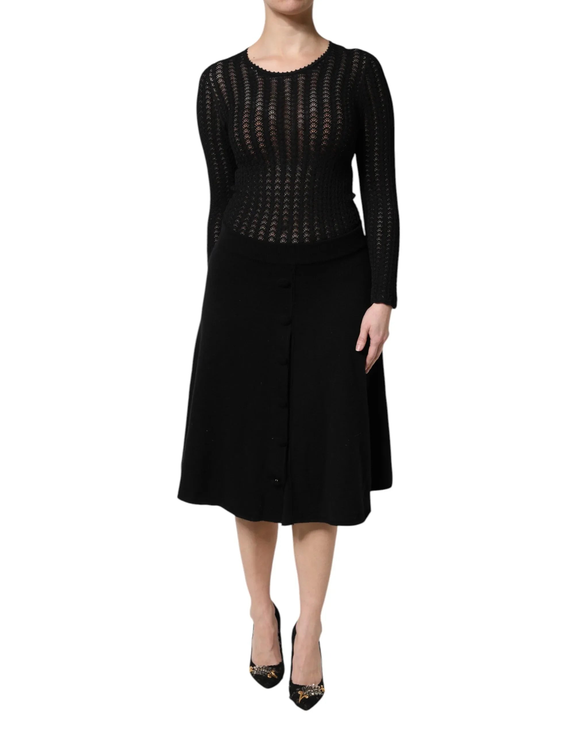 Dolce & Gabbana Black Cashmere Long Sleeves A-line Midi Dress - Zeiniez