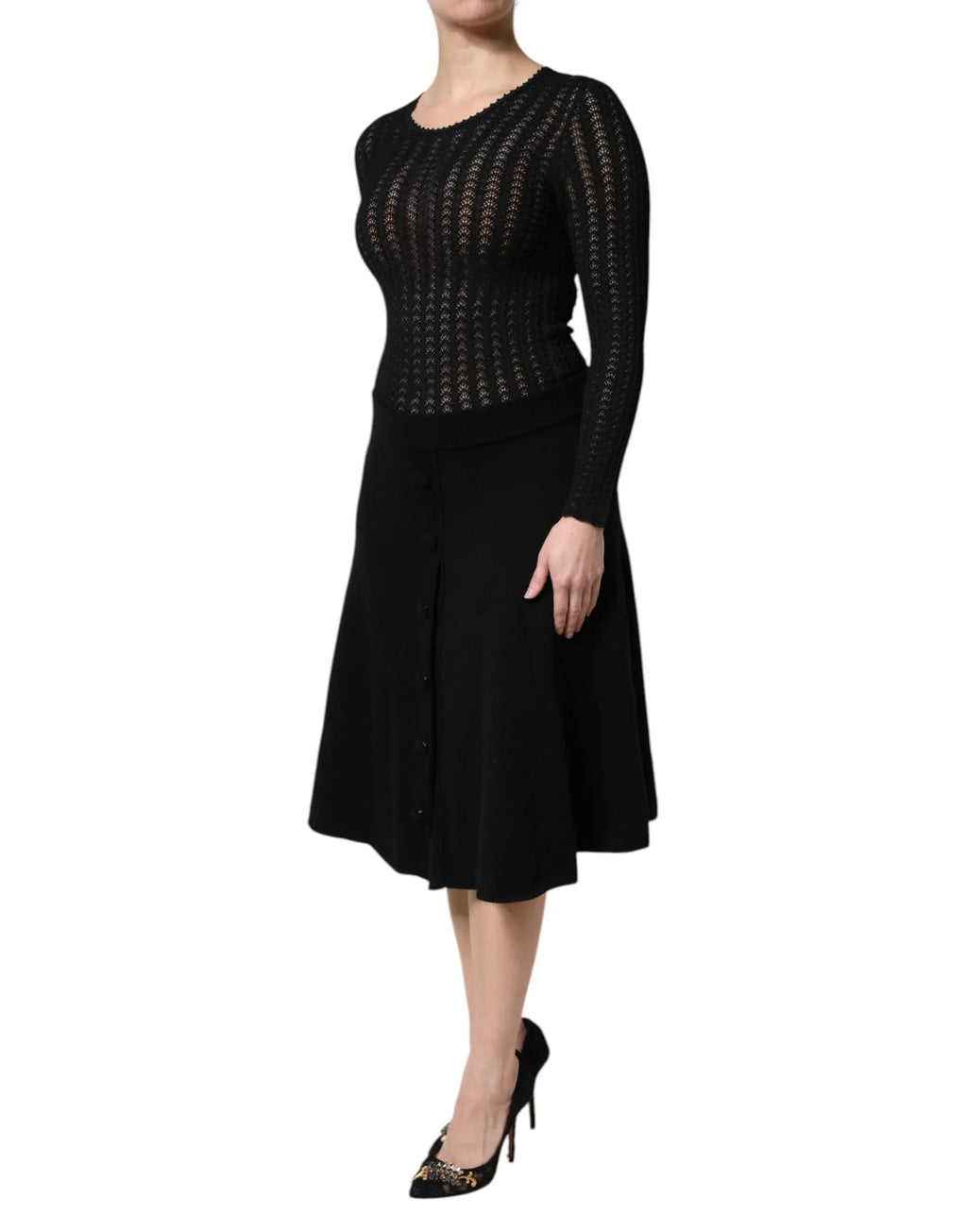 Dolce & Gabbana Black Cashmere Long Sleeves A-line Midi Dress - Zeiniez