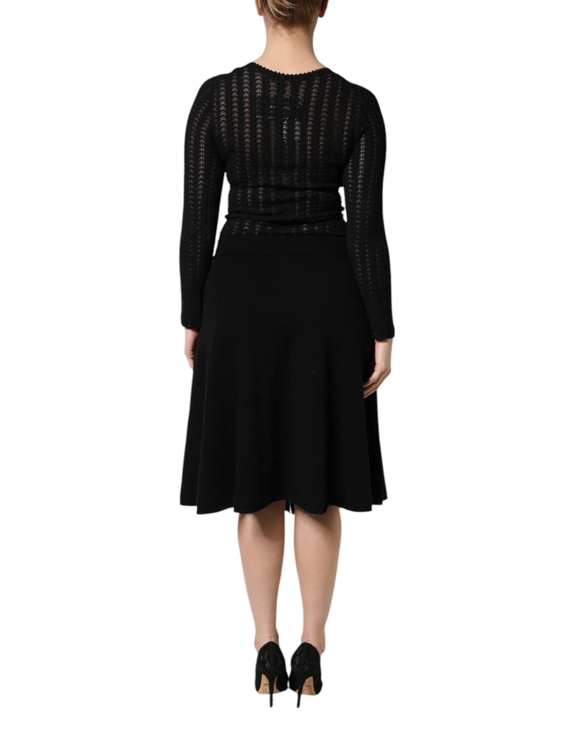 Dolce & Gabbana Black Cashmere Long Sleeves A-line Midi Dress - Zeiniez