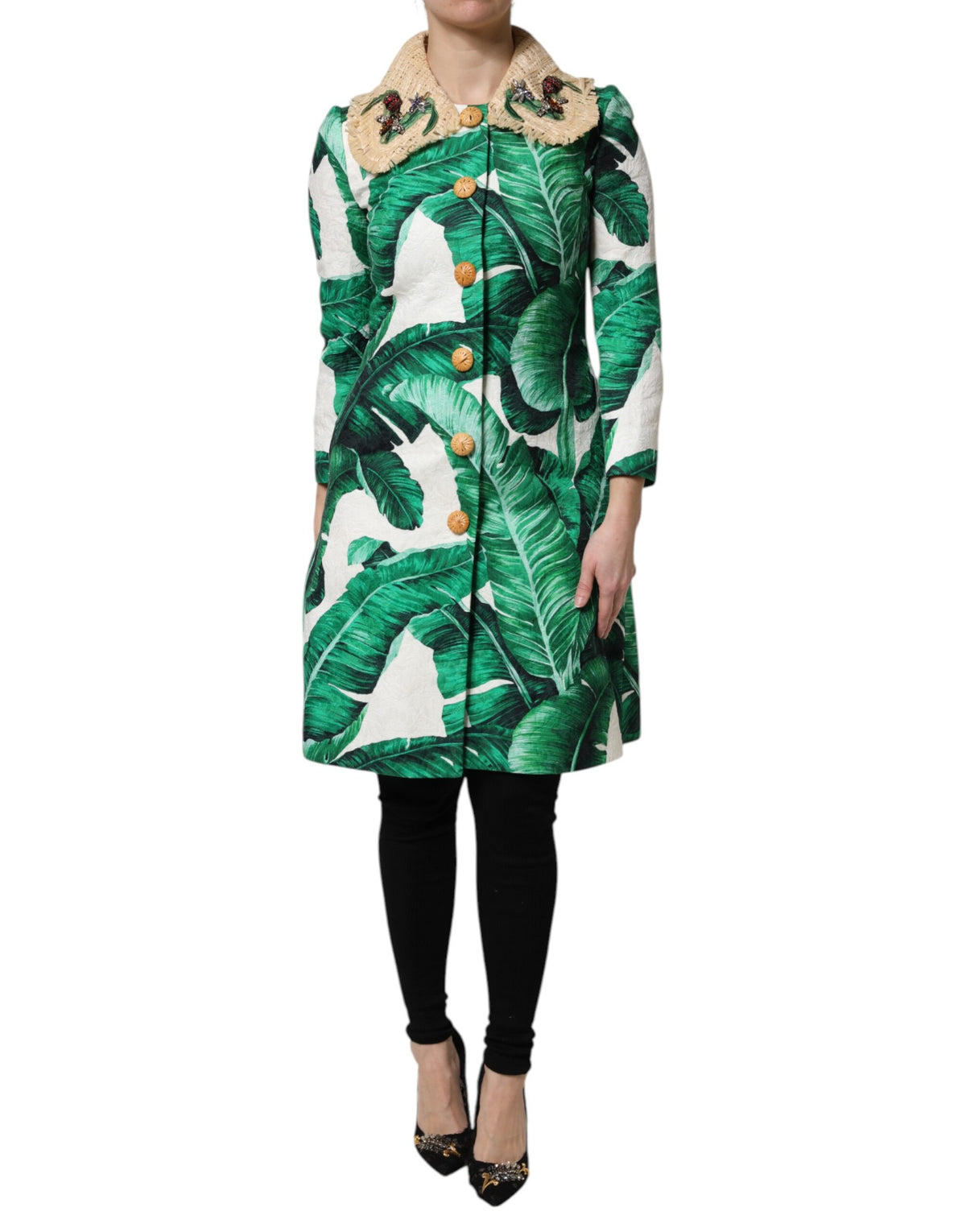 Dolce & Gabbana Multicolor Leaf Print Embellished Trenchcoat Jacket