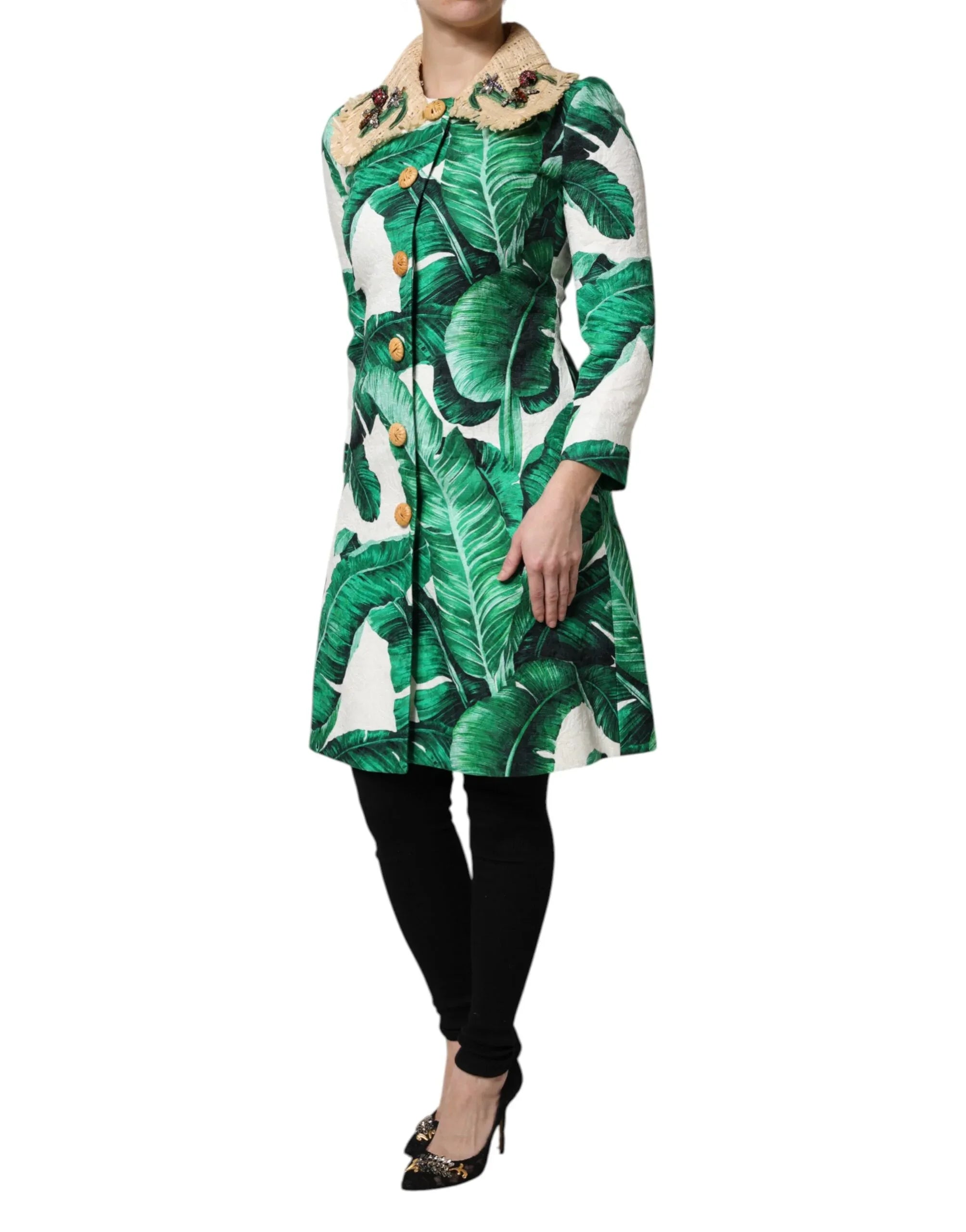Dolce & Gabbana Multicolor Leaf Print Embellished Trenchcoat Jacket - Zeiniez