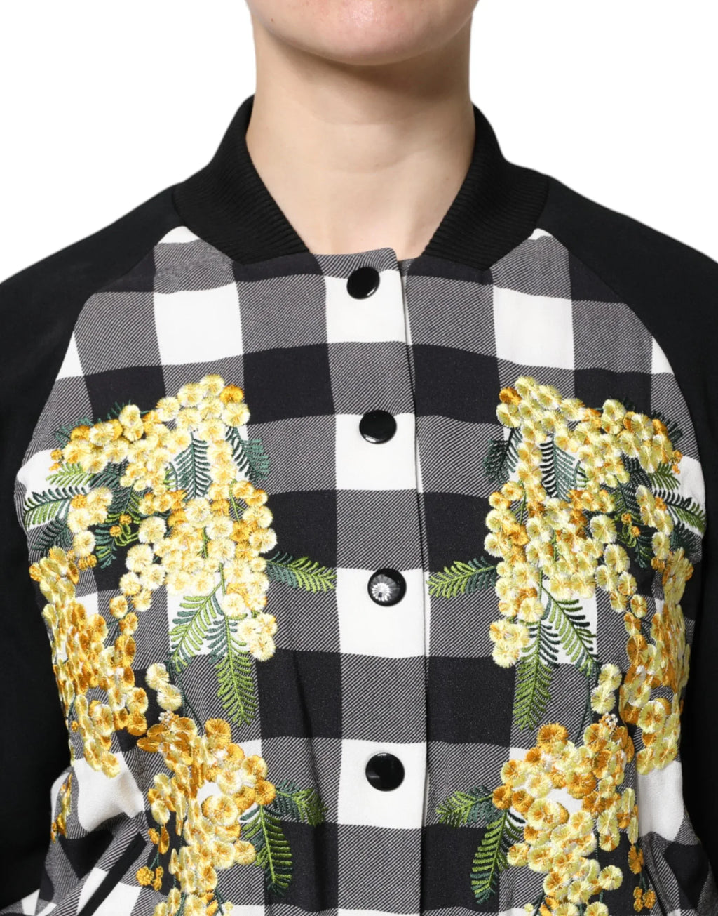 Dolce & Gabbana Black White Check Floral Button Down Jacket - Zeiniez