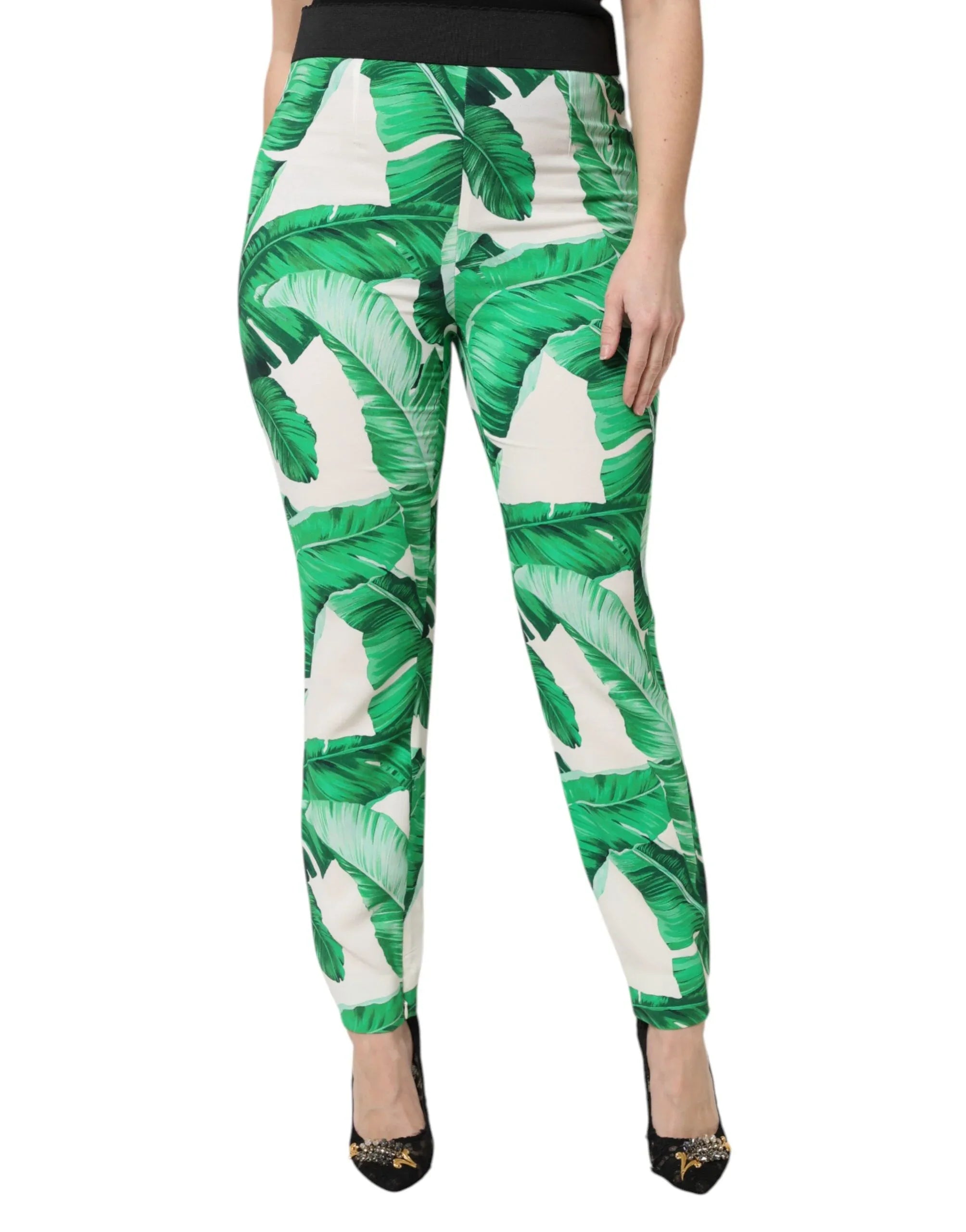 Dolce & Gabbana White Green Leaf High Waist Pants - Zeiniez