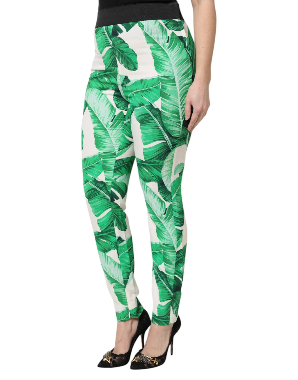 Dolce & Gabbana White Green Leaf High Waist Pants - Zeiniez