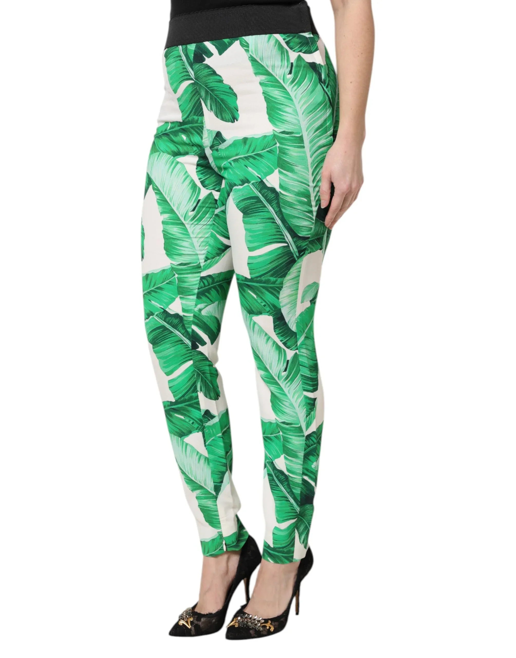 Dolce & Gabbana White Green Leaf High Waist Pants - Zeiniez
