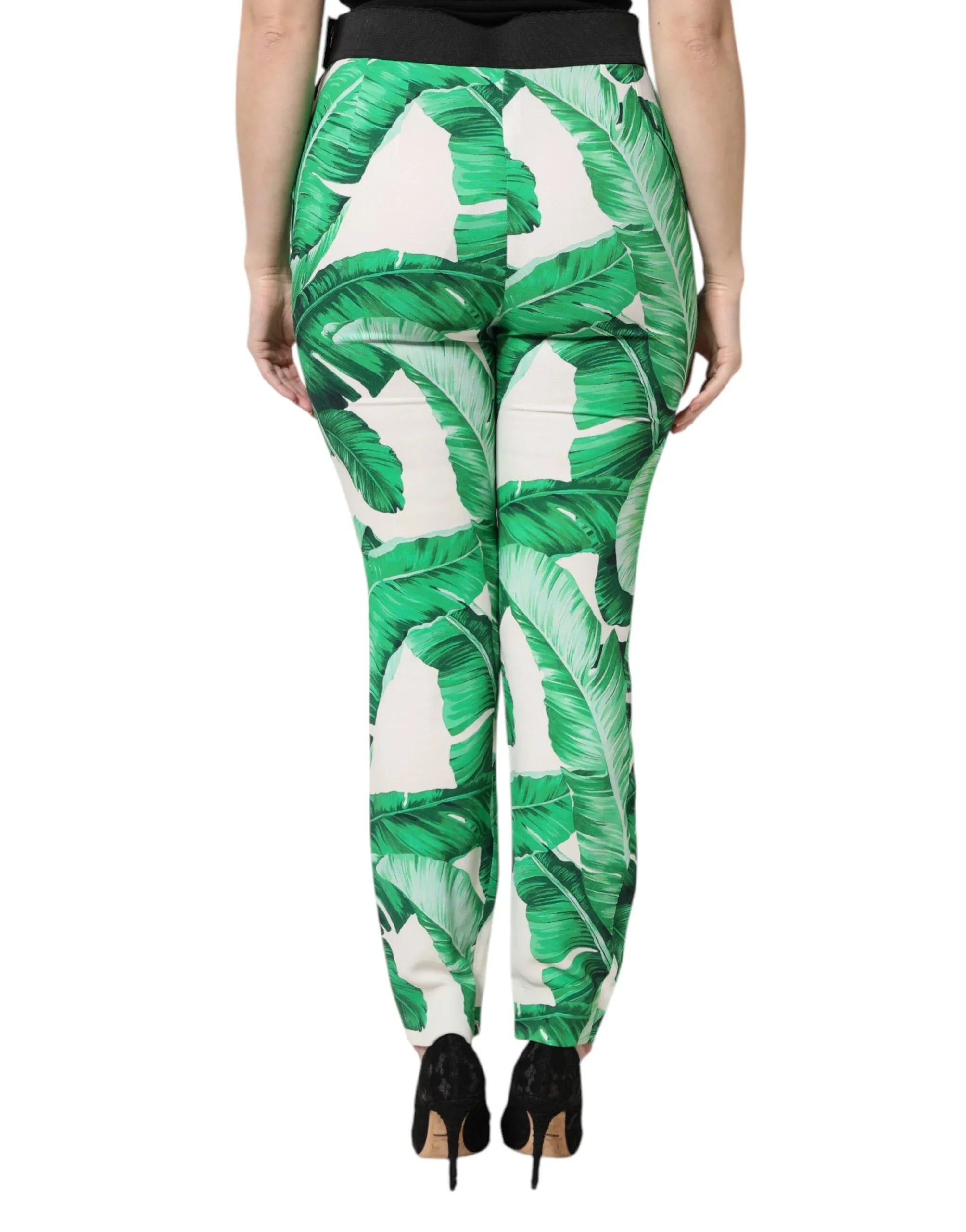 Dolce & Gabbana White Green Leaf High Waist Pants - Zeiniez