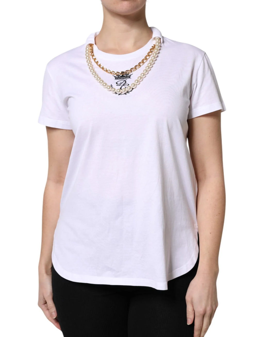 Dolce & Gabbana White Chain Pearl Cotton Round Neck T-shirt - Zeiniez