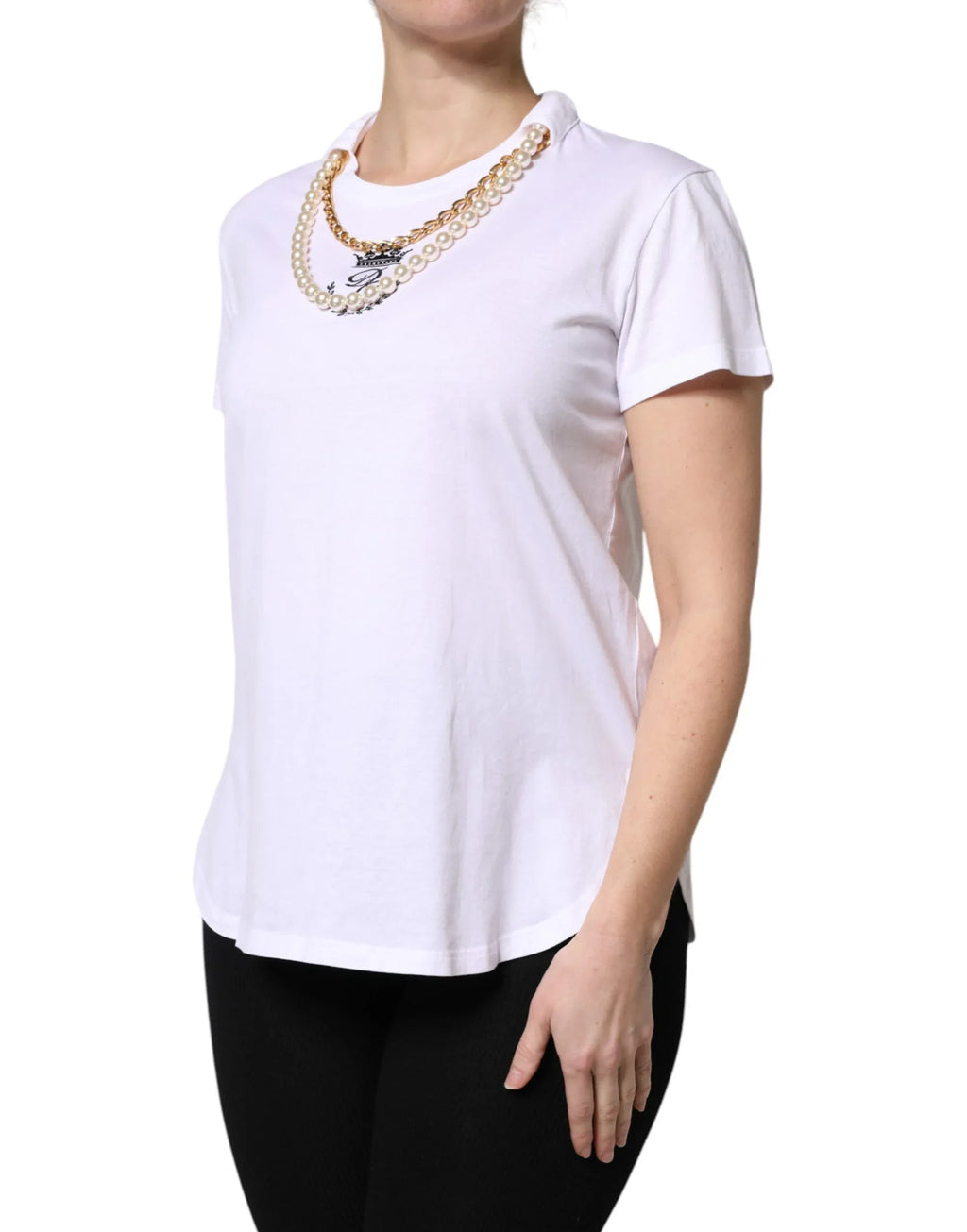 Dolce & Gabbana White Chain Pearl Cotton Round Neck T-shirt - Zeiniez