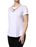 Dolce & Gabbana White Chain Pearl Cotton Round Neck T-shirt - Zeiniez