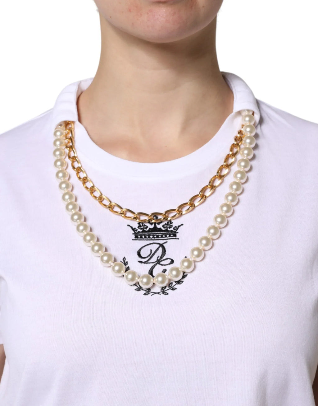 Dolce & Gabbana White Chain Pearl Cotton Round Neck T-shirt - Zeiniez