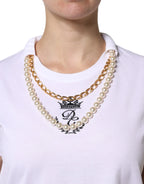 Dolce & Gabbana White Chain Pearl Cotton Round Neck T-shirt - Zeiniez