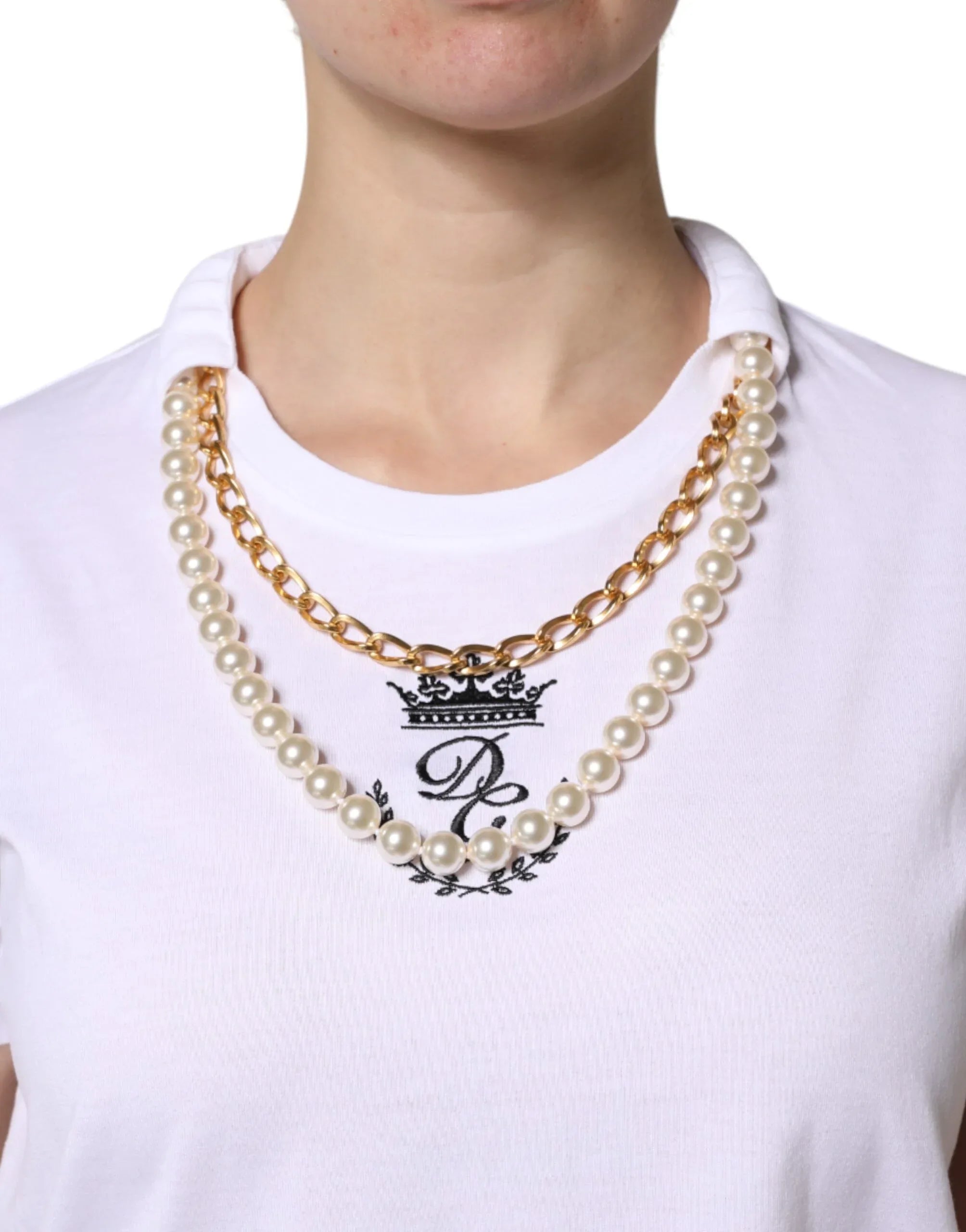 Dolce & Gabbana White Chain Pearl Cotton Round Neck T-shirt - Zeiniez