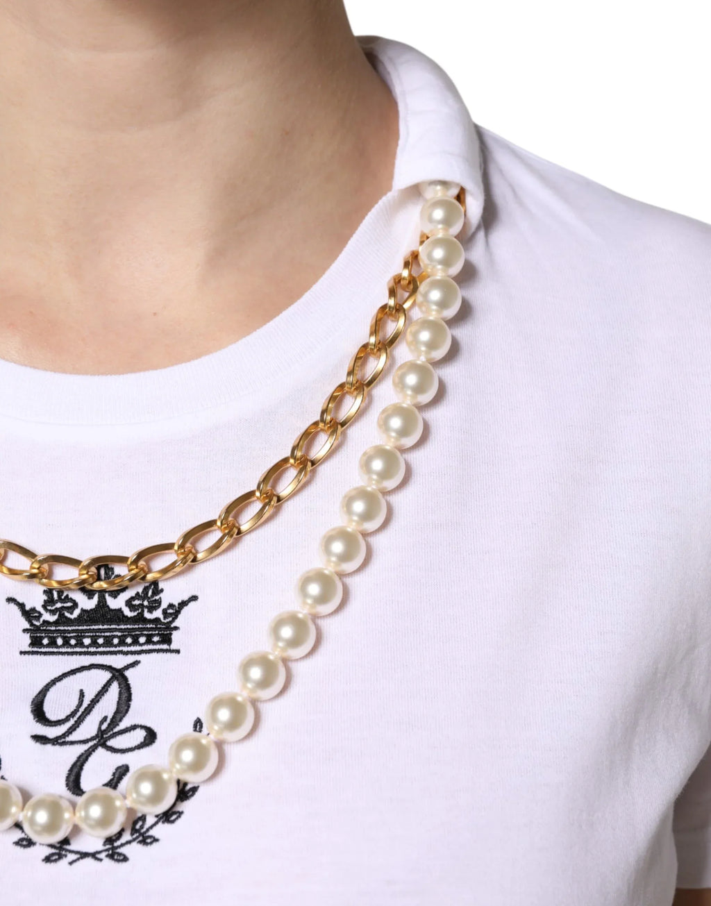 Dolce & Gabbana White Chain Pearl Cotton Round Neck T-shirt - Zeiniez