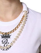 Dolce & Gabbana White Chain Pearl Cotton Round Neck T-shirt - Zeiniez