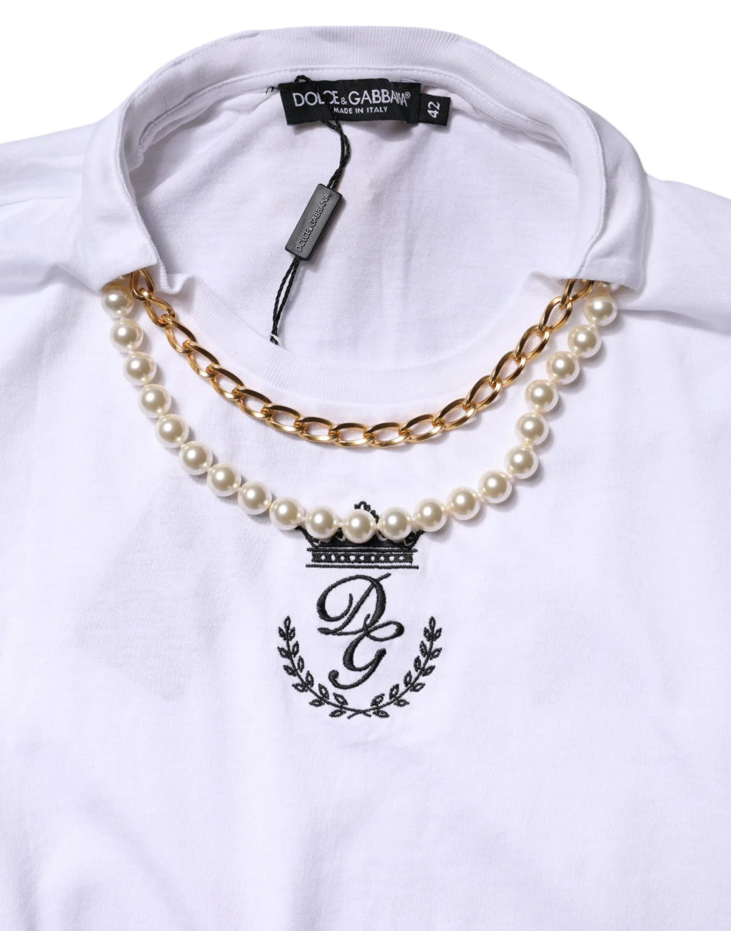 Dolce & Gabbana White Chain Pearl Cotton Round Neck T-shirt - Zeiniez