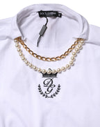 Dolce & Gabbana White Chain Pearl Cotton Round Neck T-shirt - Zeiniez