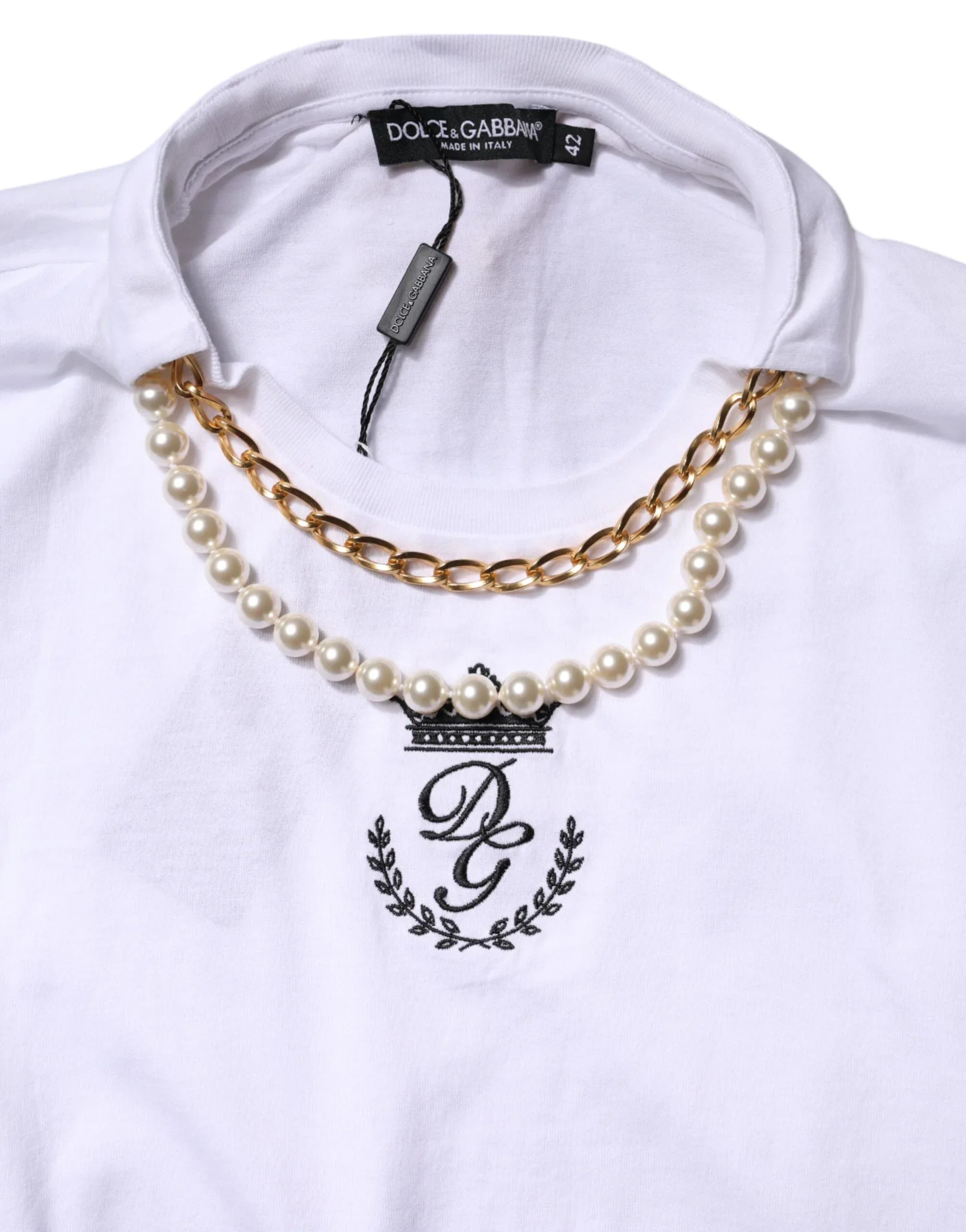 Dolce & Gabbana White Chain Pearl Cotton Round Neck T-shirt - Zeiniez
