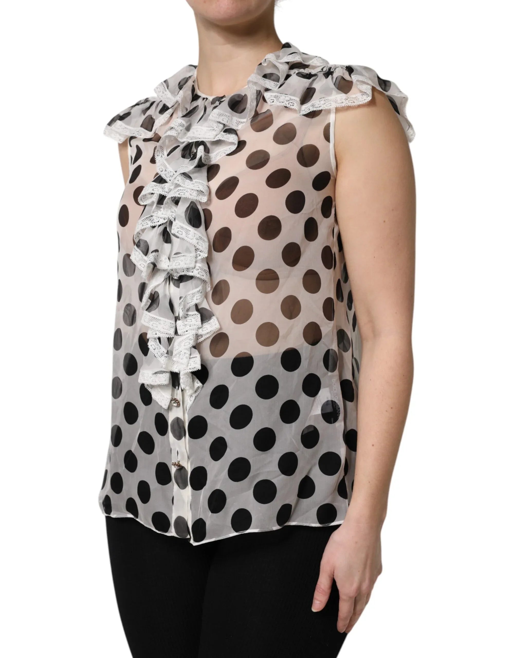 Dolce & Gabbana White Black Polka Dot Cotton Sleeveless Top - Zeiniez