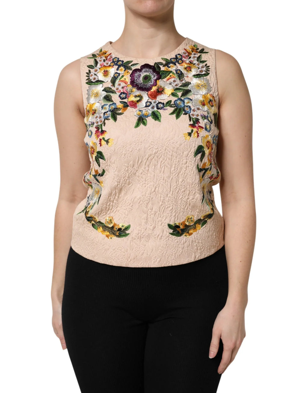 Dolce & Gabbana Beige Floral Embroidery Sleeveless Tank Top - Zeiniez