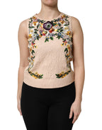 Dolce & Gabbana Beige Floral Embroidery Sleeveless Tank Top - Zeiniez
