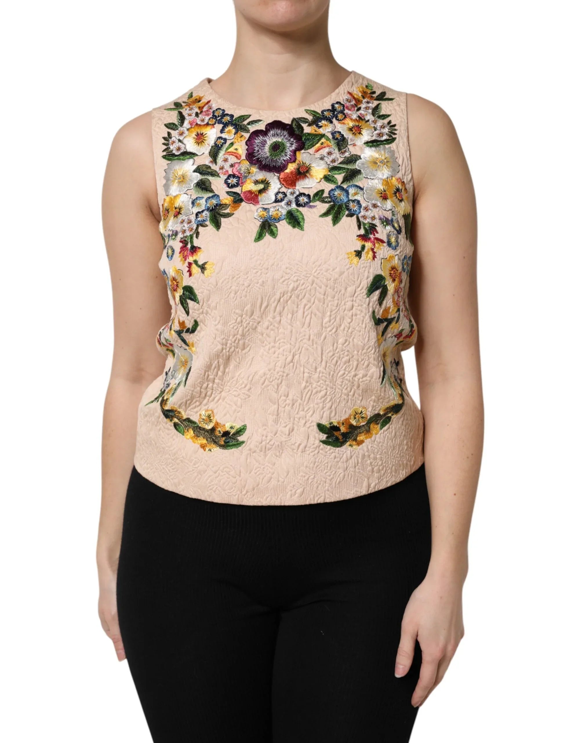 Dolce & Gabbana Beige Floral Embroidery Sleeveless Tank Top - Zeiniez