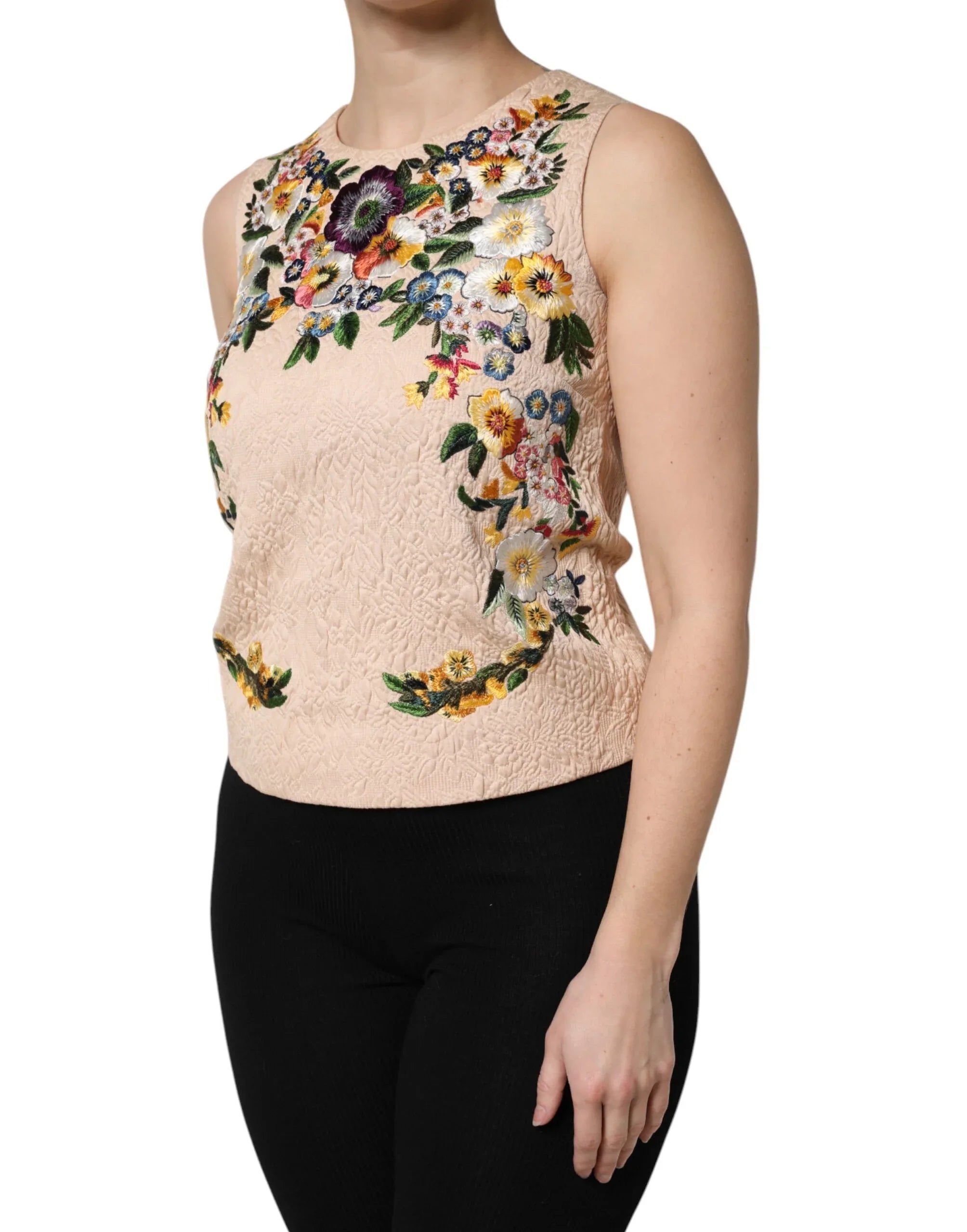 Dolce & Gabbana Beige Floral Embroidery Sleeveless Tank Top - Zeiniez