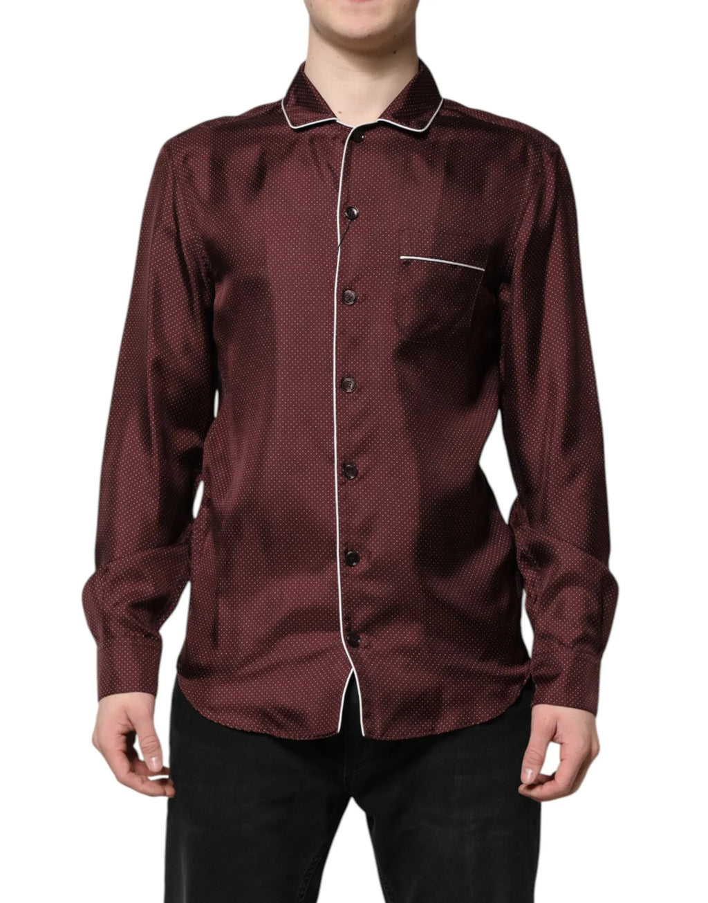 Dolce & Gabbana Burgundy Silk Dotted Long Sleeves Shirt - Zeiniez