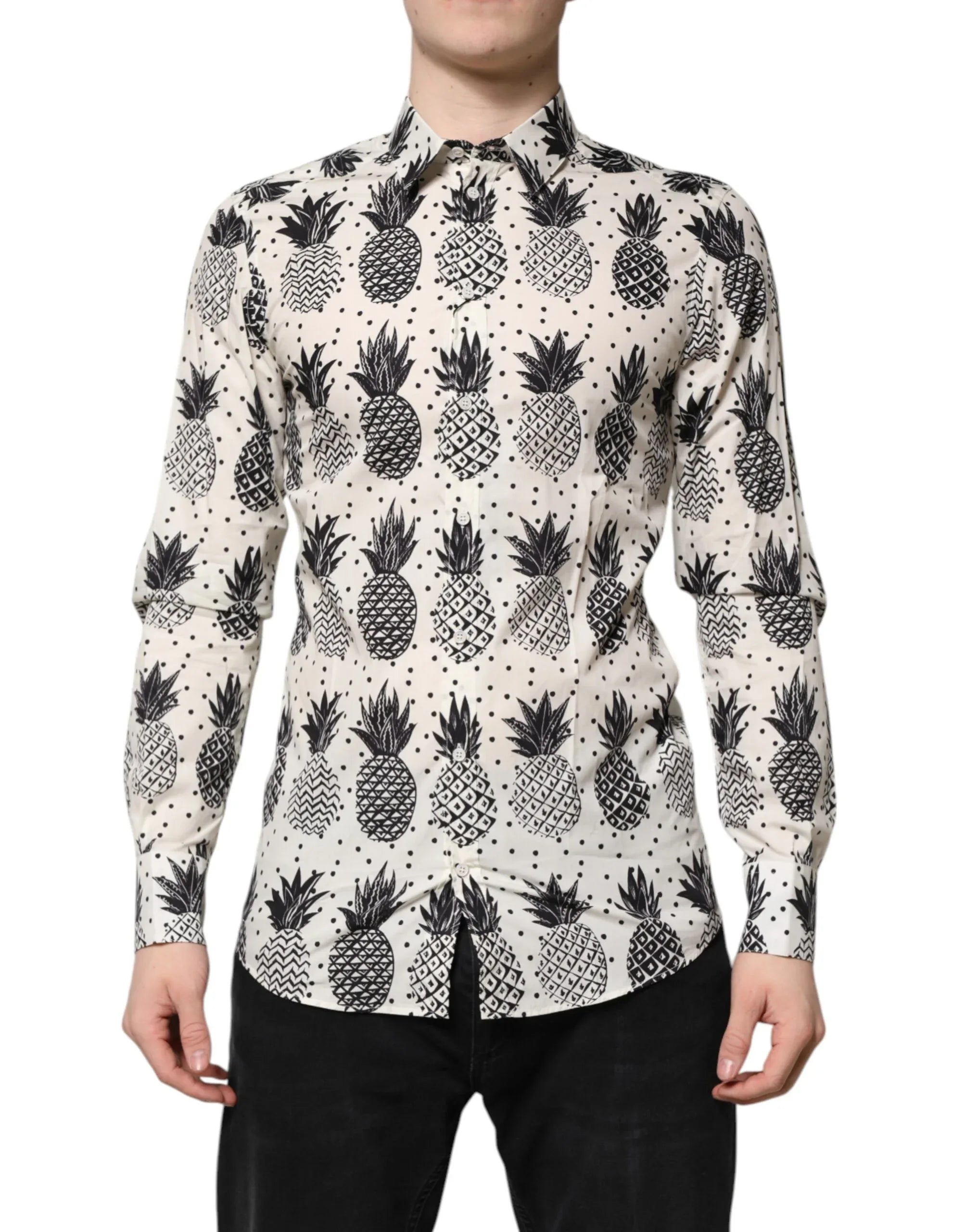 Dolce & Gabbana White Pineapple Print Long Sleeve GOLD Shirt - Zeiniez