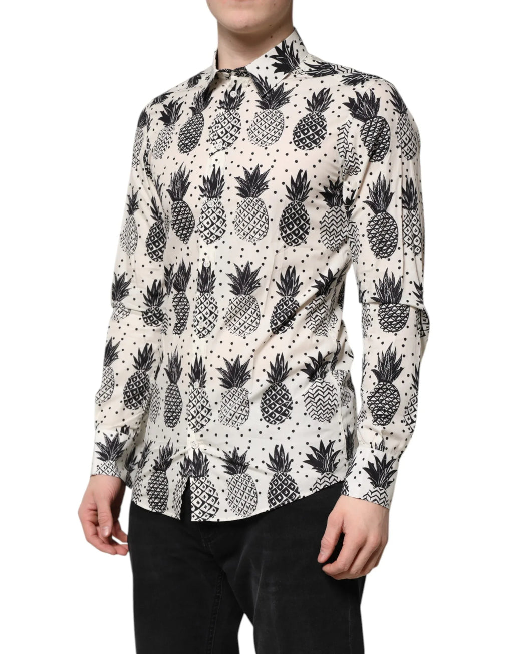 Dolce & Gabbana White Pineapple Print Long Sleeve GOLD Shirt - Zeiniez