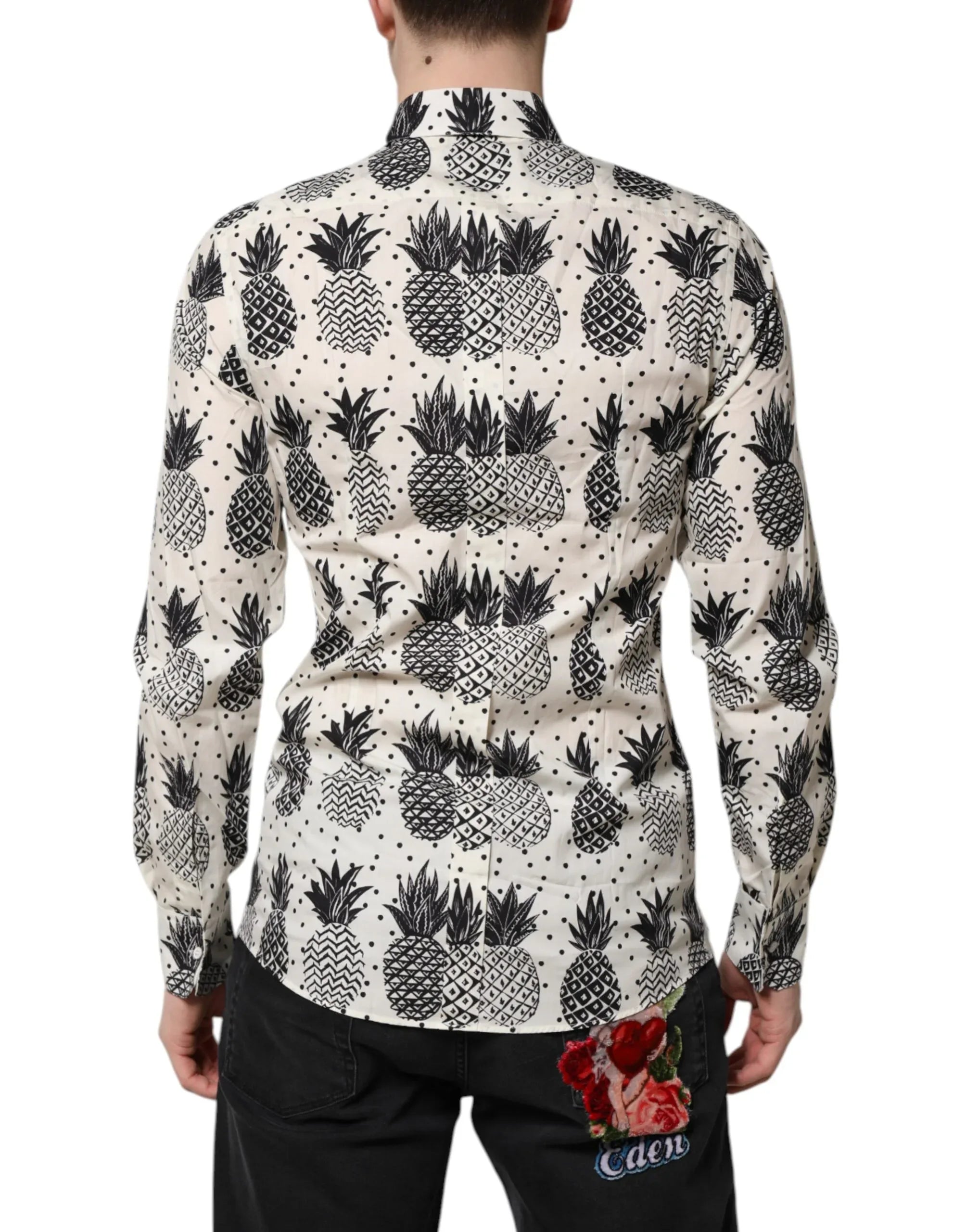 Dolce & Gabbana White Pineapple Print Long Sleeve GOLD Shirt - Zeiniez