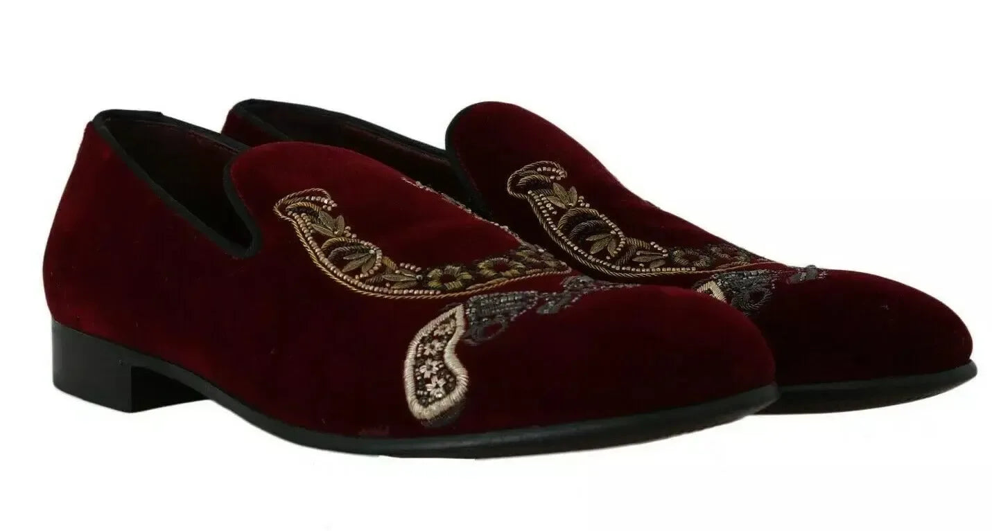 Dolce & Gabbana Bordeaux Velvet Loafers Gun Horseshoe Shoes - Zeiniez