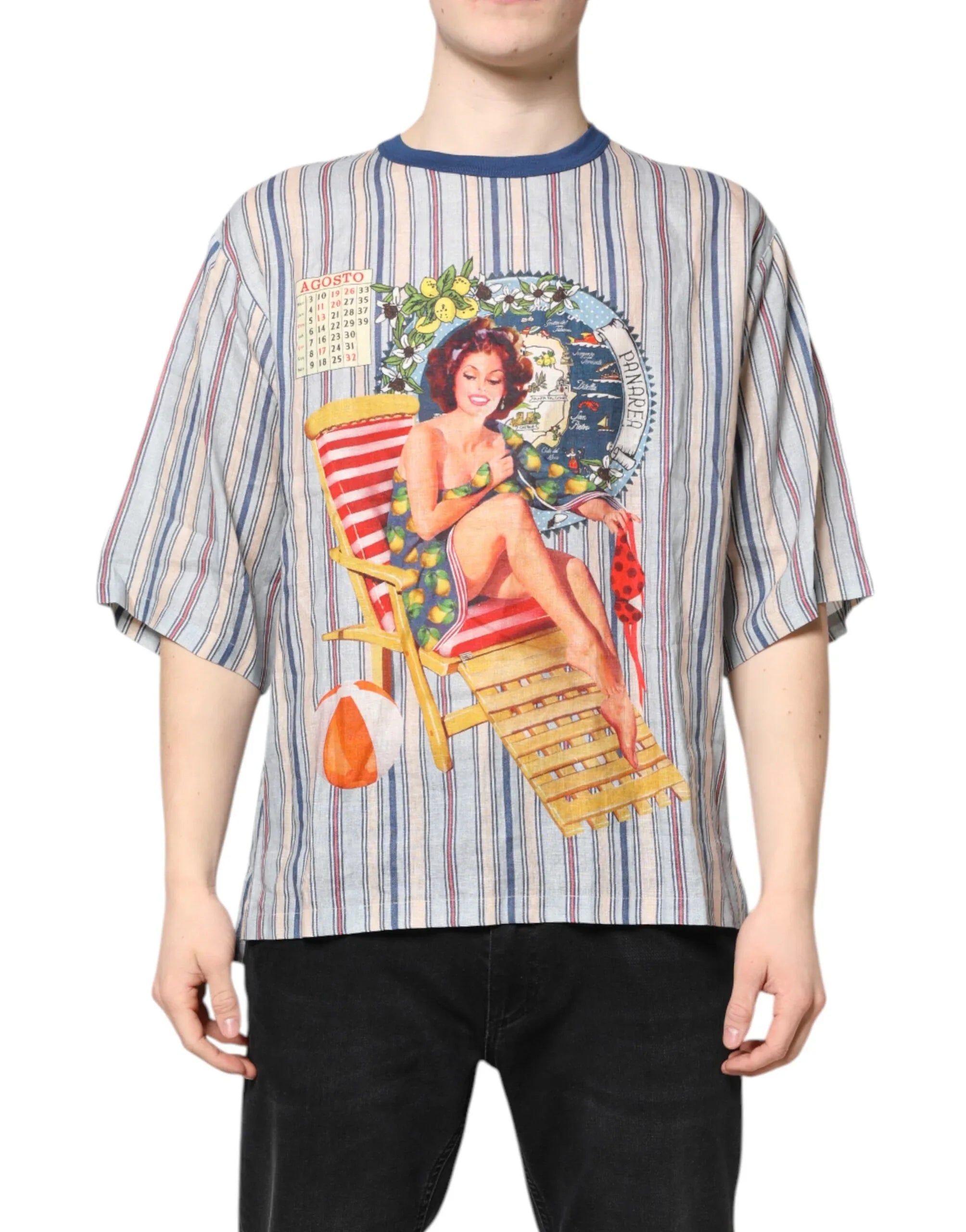 Dolce & Gabbana Multicolor Striped Pin Up Linen Round Neck T-shirt - Zeiniez