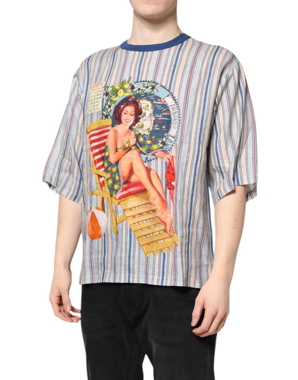 Dolce & Gabbana Multicolor Striped Pin Up Linen Round Neck T-shirt - Zeiniez