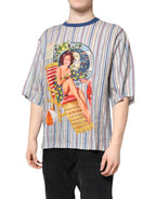 Dolce & Gabbana Multicolor Striped Pin Up Linen Round Neck T-shirt - Zeiniez