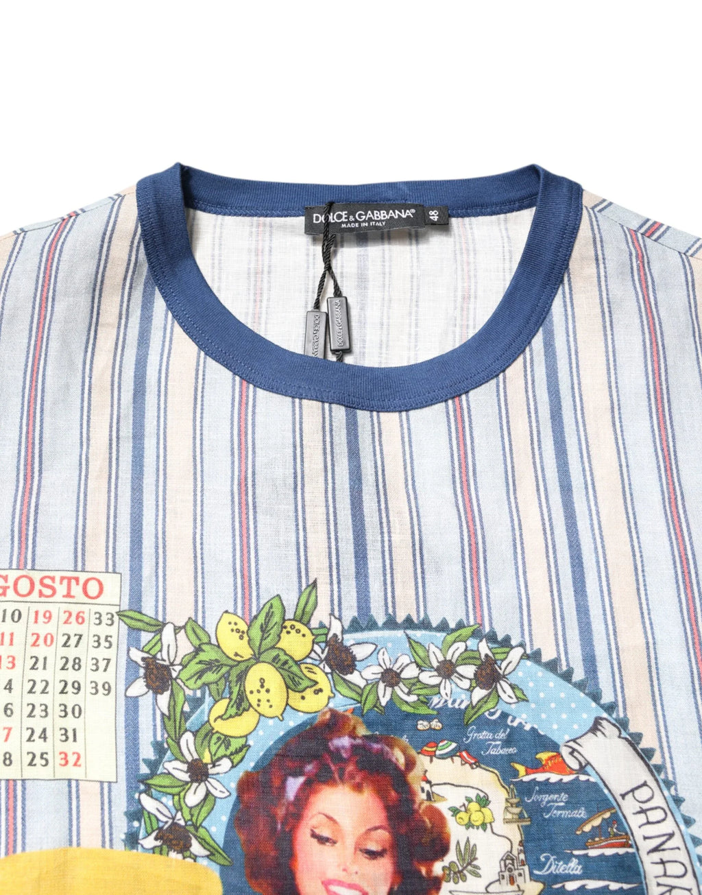 Dolce & Gabbana Multicolor Striped Pin Up Linen Round Neck T-shirt - Zeiniez