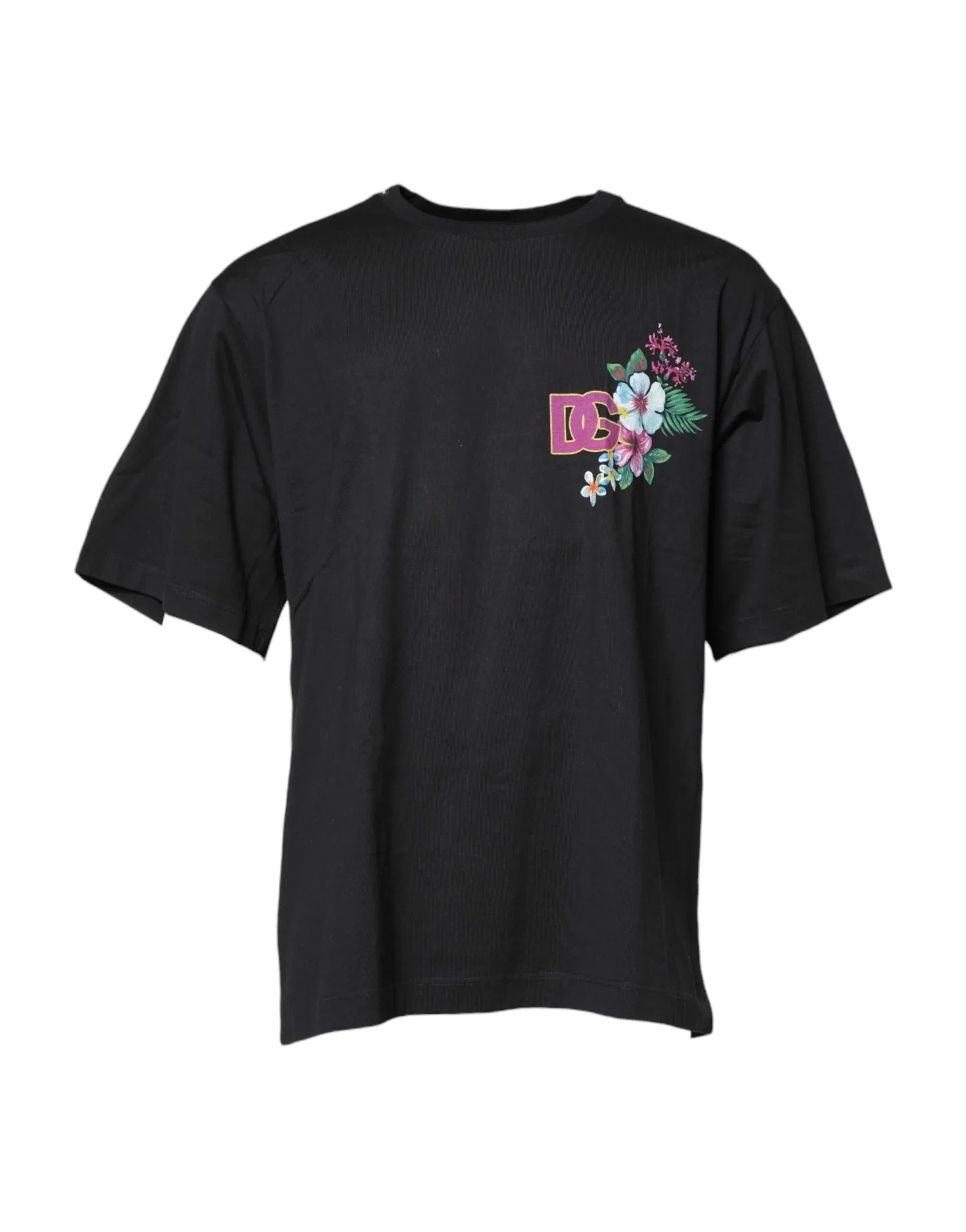 Dolce & Gabbana Black DG Floral Print Crew Neck T-shirt - Zeiniez