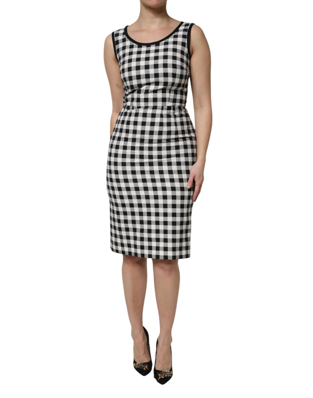 Dolce & Gabbana White Black Checkered Sleeveless Sheath Dress - Zeiniez