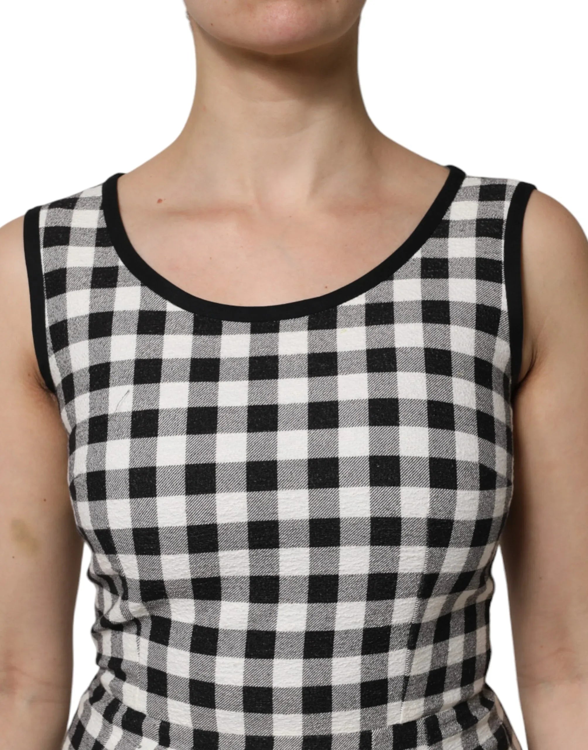 Dolce & Gabbana White Black Checkered Sleeveless Sheath Dress - Zeiniez