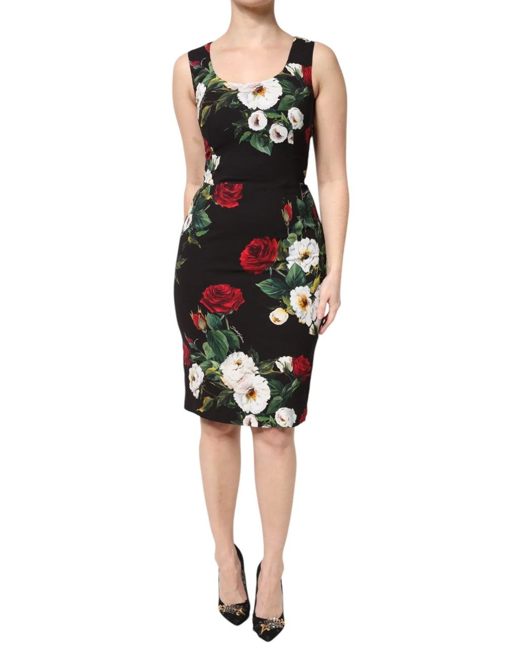 Dolce & Gabbana Black Floral Print Sleeveless Sheath Dress - Zeiniez